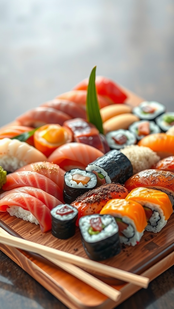 A colorful assortment of sushi rolls and sashimi on a wooden platter with garnishes.